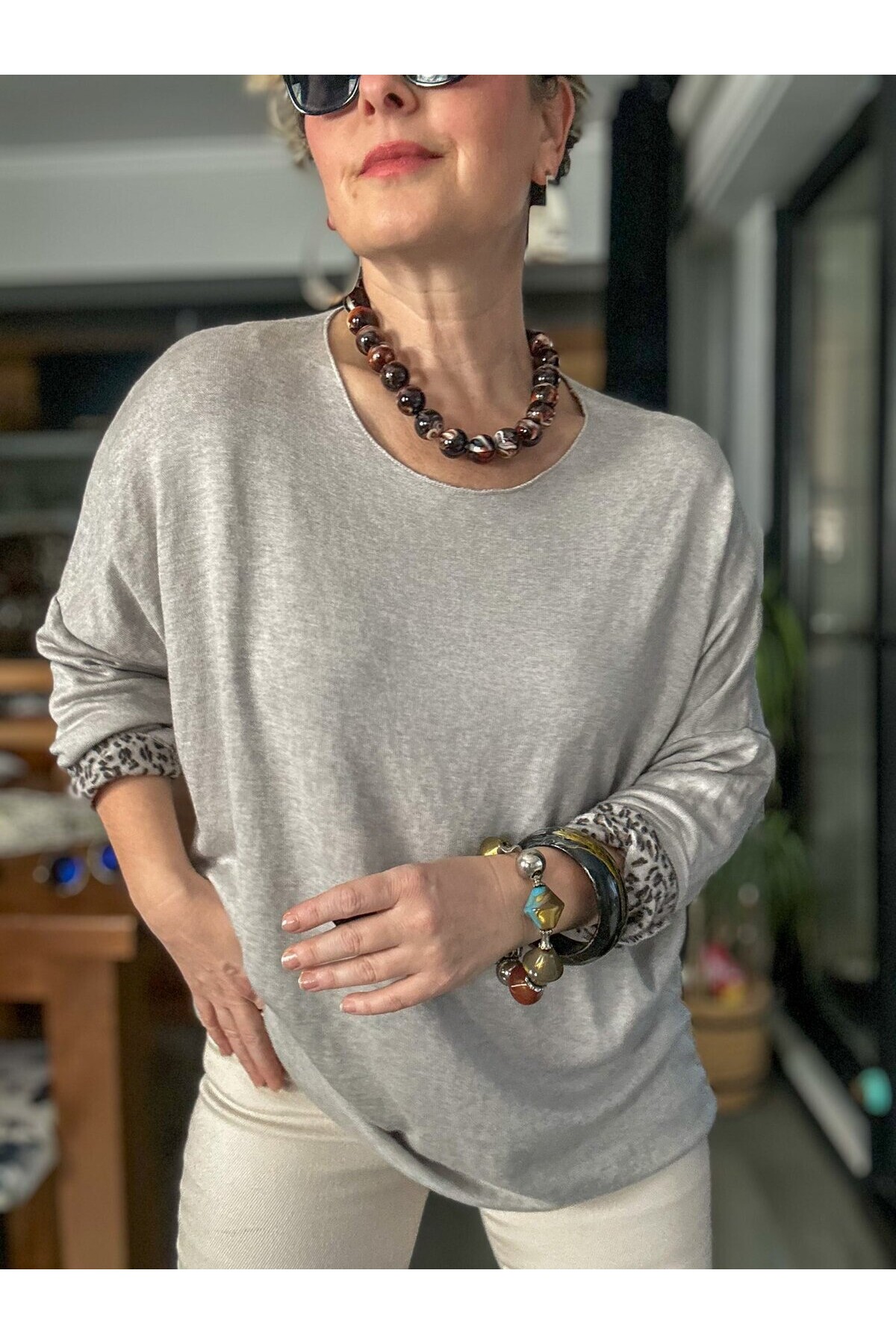 Sosa İtalyan Leopar Desen Yuvarlak Yaka Triko Beige