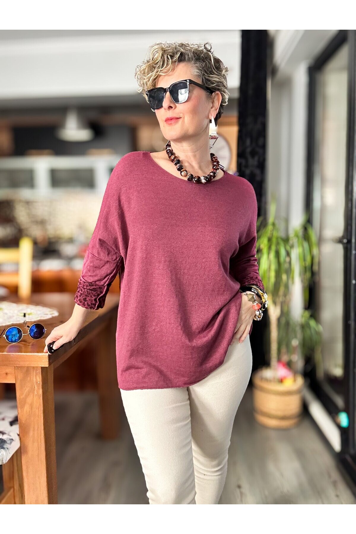 Sosa İtalyan Leopar Desen Yuvarlak Yaka Triko Bordo