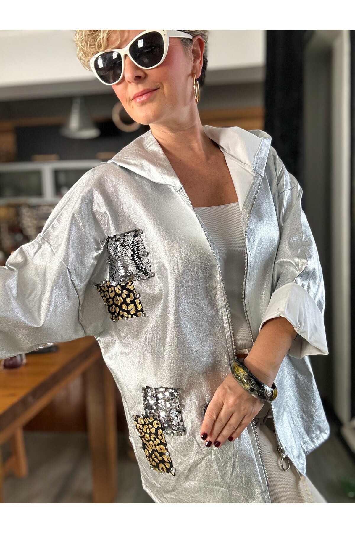 Tazza İtalyan Deri Görünümlü Pul Taş Detay Ceket Silver