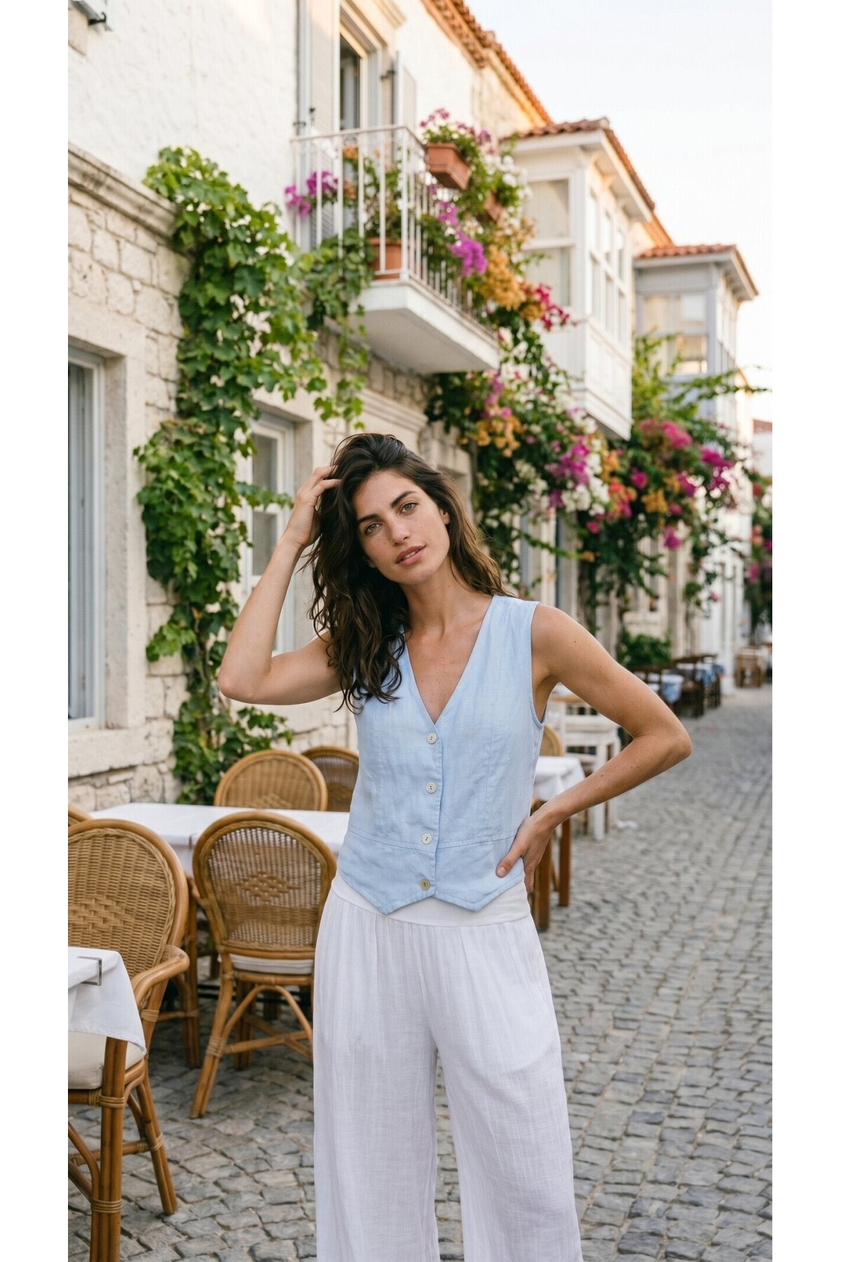 Terra %100 Linen Tasarım Düğmeli Yelek Bebe Mavi