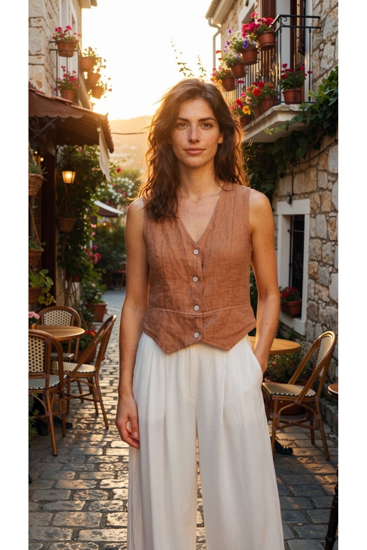 Terra %100 Linen Tasarım Düğmeli Yelek Camel
