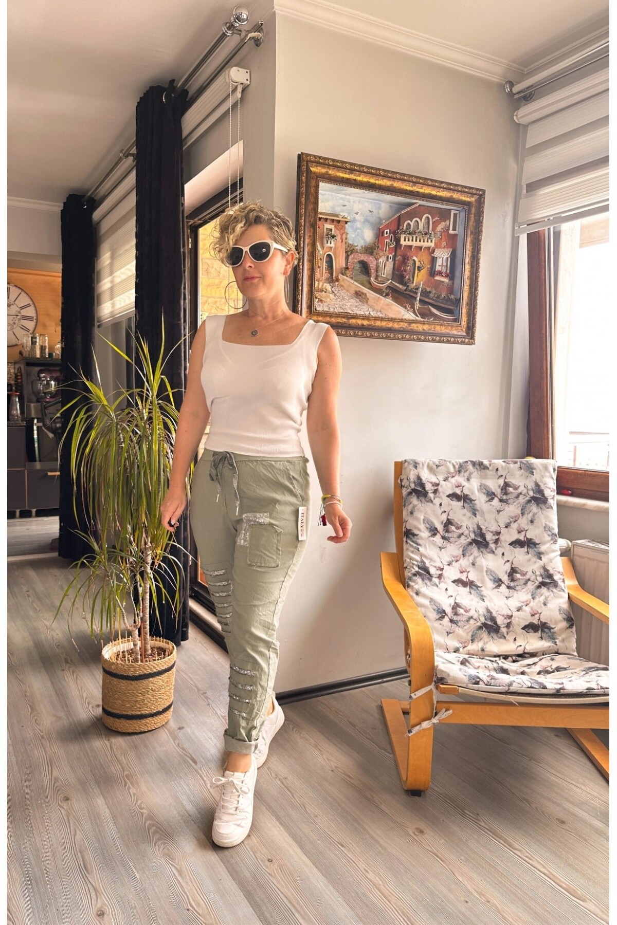 Tucci İtalyan Sihirli Payet Detay Pantalon Haki