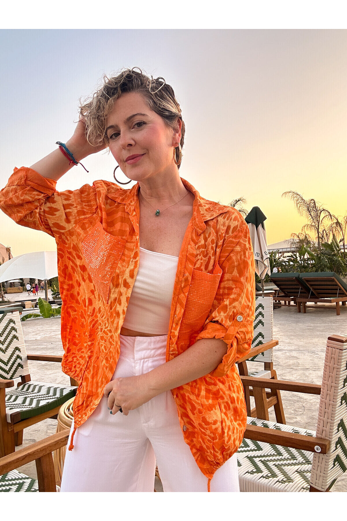 Vespa Cep Pul Detaylı Desenli Tasarım Gömlek Arancio