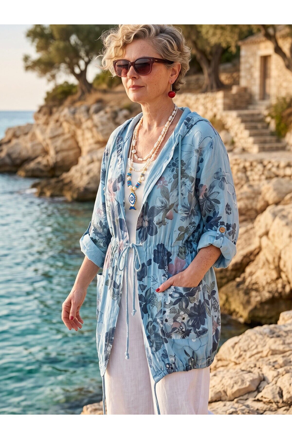 Vinci %100 Linen Kapüşonlu Çiçek Desenli Tasarım Ceket Mavi