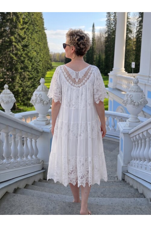 Amore| Dantel Detaylı Katmanlı Vintage Elbise Beyaz