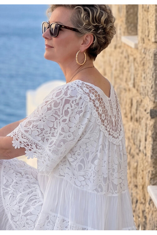 Amore| Dantel Detaylı Katmanlı Vintage Elbise Beyaz