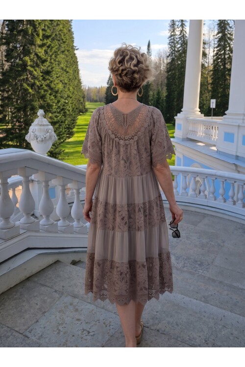 Amore| Dantel Detaylı Katmanlı Vintage Elbise Fango