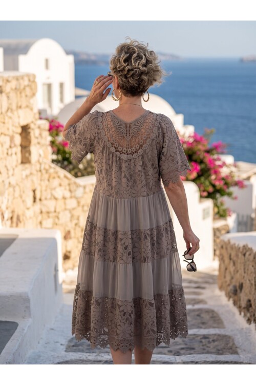 Amore| Dantel Detaylı Katmanlı Vintage Elbise Fango