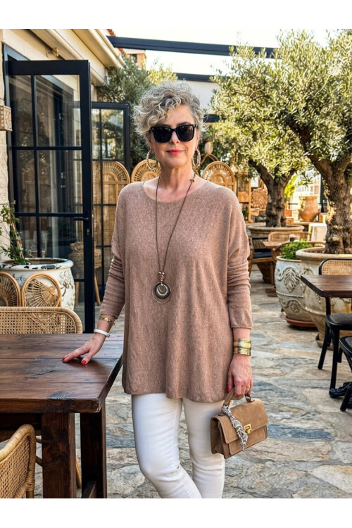 Botte İthal Kolyeli Salaş Triko Bluz Camel