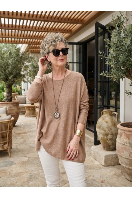 Botte İthal Kolyeli Salaş Triko Bluz Camel