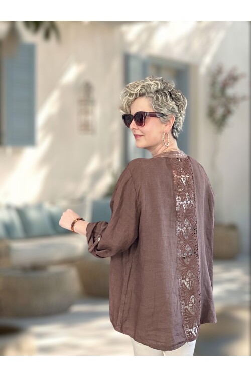 Brezza Payet İşlemeli & Sırtı Güpürlü Premium Linen Gömlek Kahverengi