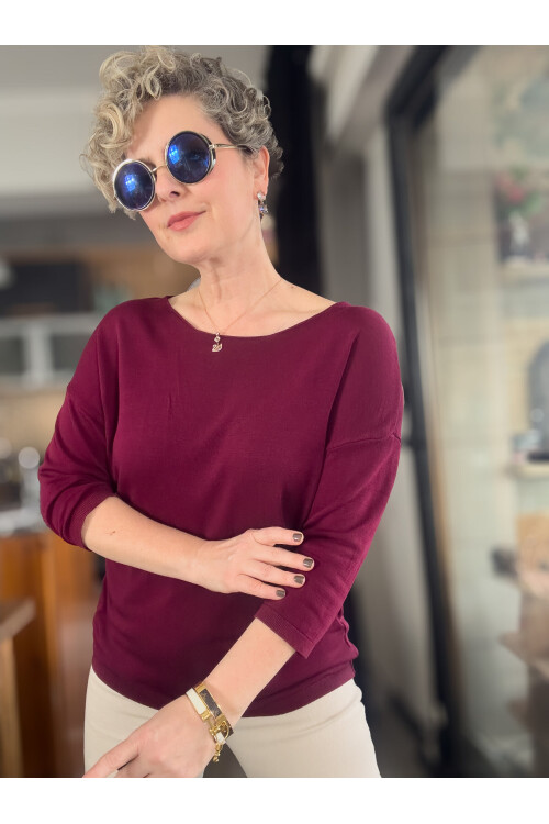 Cuppa Yuvarlak Yaka Mevsimlik Basic Triko  Bordo