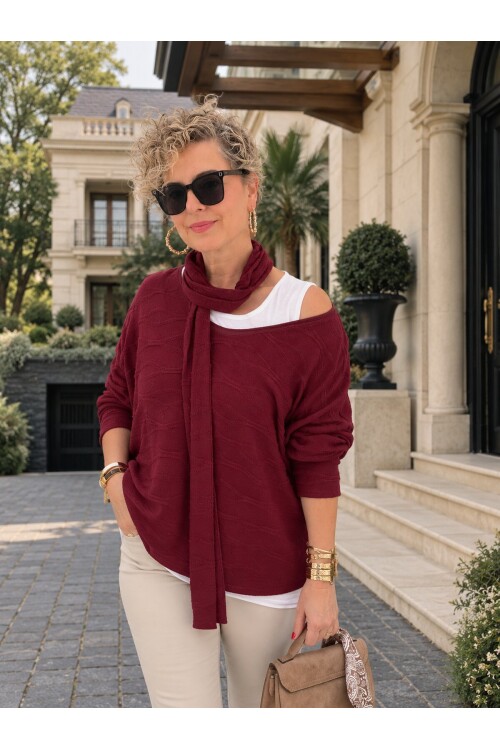 Dalia | İthal Fular Detaylı İkili Görünümlü Triko Bluz Bordo