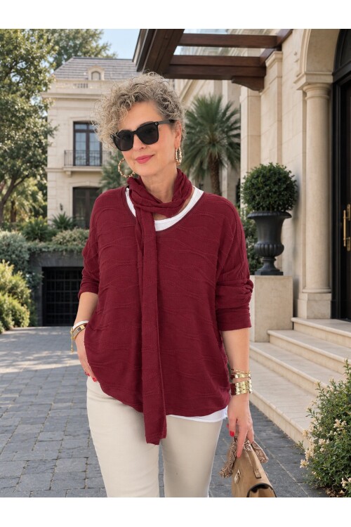 Dalia | İthal Fular Detaylı İkili Görünümlü Triko Bluz Bordo