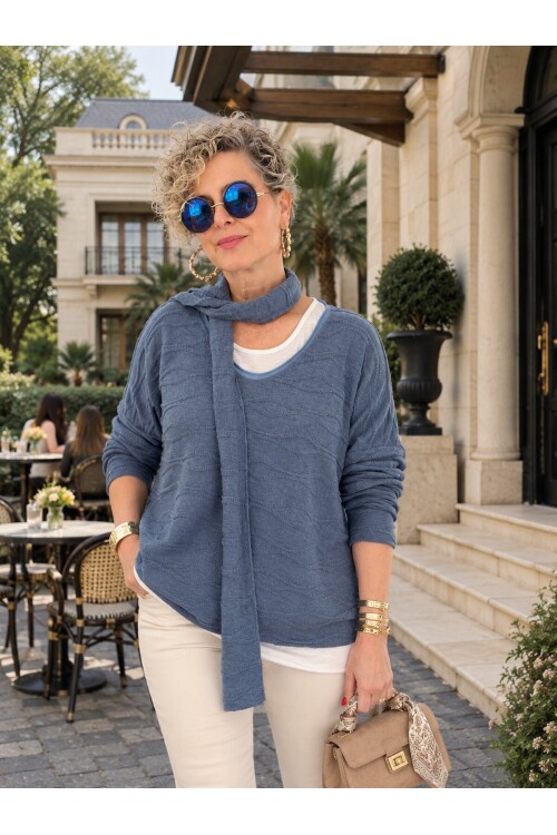 Dalia | İthal Fular Detaylı İkili Görünümlü Triko Bluz İndigo