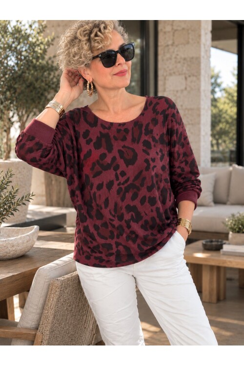 Fenna | İthal Leopar Desen Asimetrik Triko Bluz Bordo