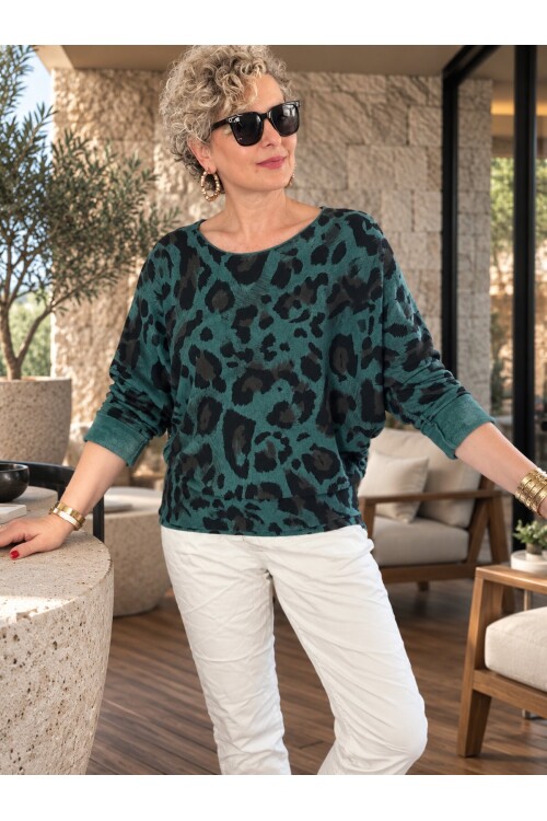 Fenna | İthal Leopar Desen Asimetrik Triko Bluz Bottıglıa