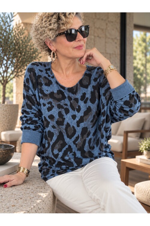 Fenna | İthal Leopar Desen Asimetrik Triko Bluz Jeans Mavi