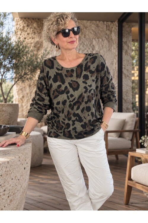 Fenna | İthal Leopar Desen Asimetrik Triko Bluz Military
