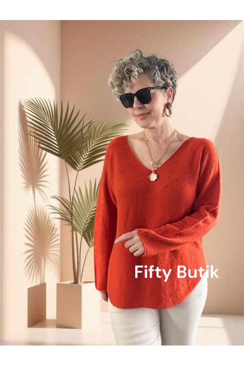 Fikka İtalyan V Yaka Angora Oval Triko Kiremit