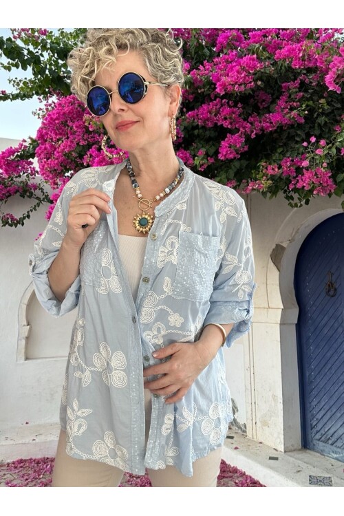 Getto İtalyan Çiçek Brode Detaylı Pamuk Gömlek Bebe Mavi