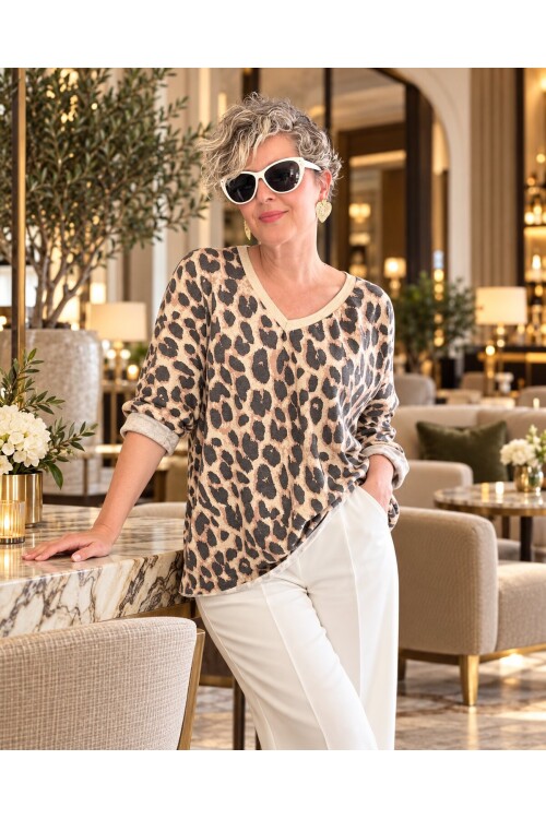 Hanna İtalyan Leopar Desen Simli Bluz Bej