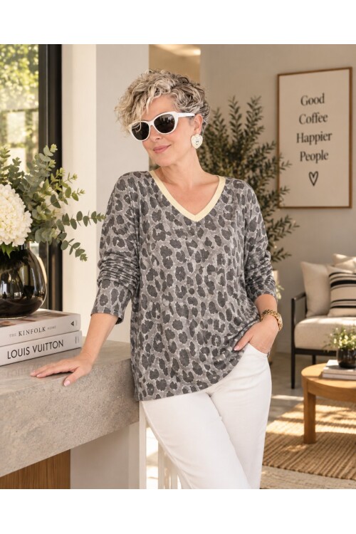 Hanna İtalyan Leopar Desen Simli Bluz Gri