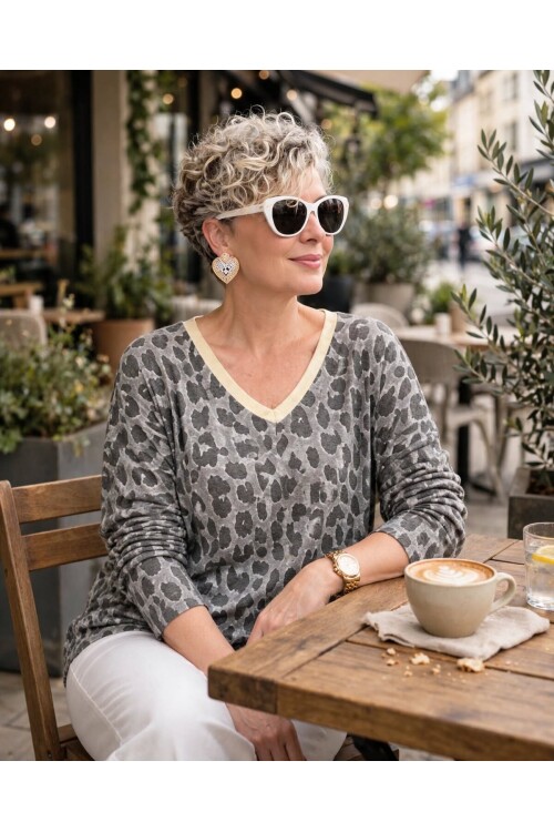 Hanna İtalyan Leopar Desen Simli Bluz Gri