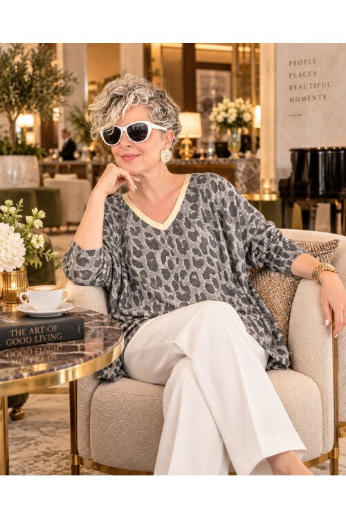 Hanna İtalyan Leopar Desen Simli Bluz Gri