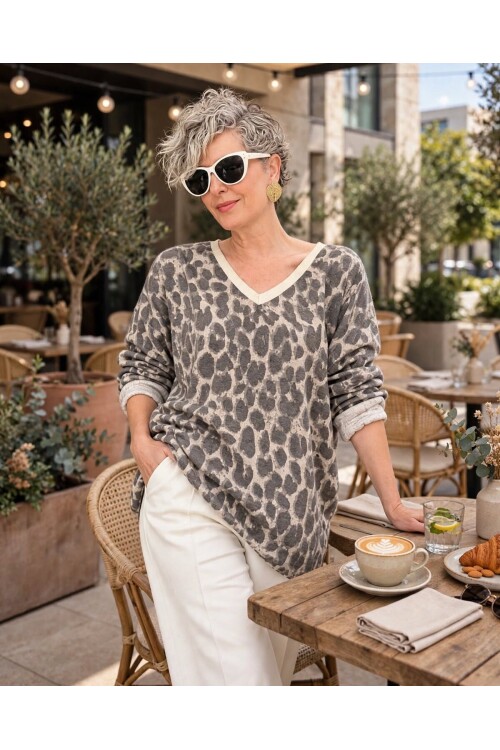 Hanna İtalyan Leopar Desen Simli Bluz Vizon