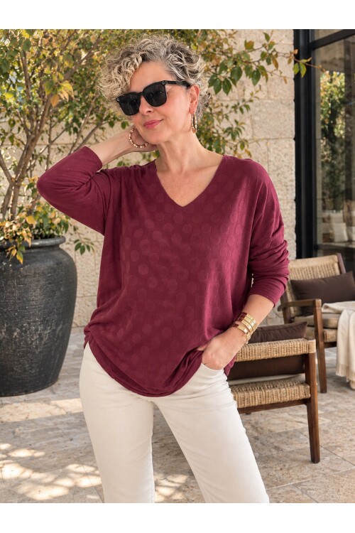 Livo | İthal Puantiye Kabartmalı Angora Triko Bluz Bordo