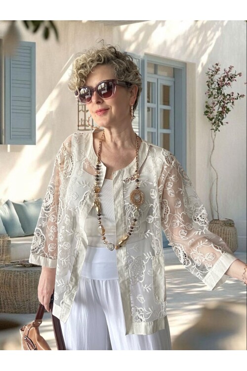 Lunna İtalyan Dantel Nakışlı Ceket Beige
