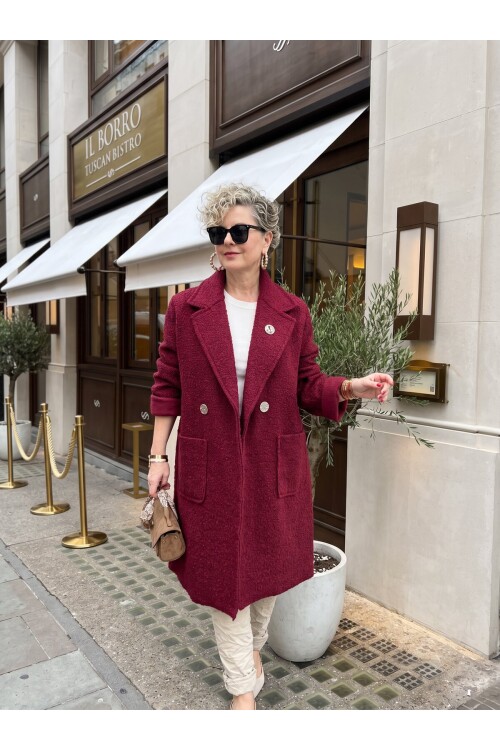Mella | İthal Broş Detaylı Buklet Dokulu Keçe Uzun Kaban Bordo