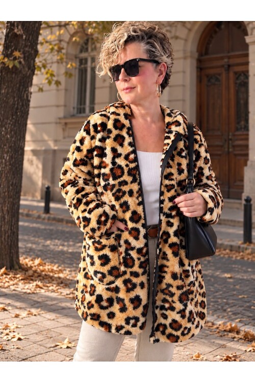Mesta | Leopar Desenli Kapüşonlu Oversize Polar Peluş Hırka Desenli
