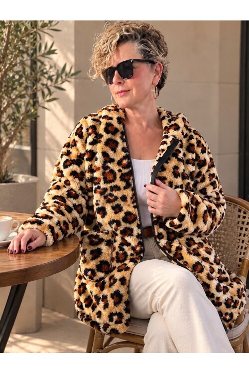 Mesta | Leopar Desenli Kapüşonlu Oversize Polar Peluş Hırka Desenli