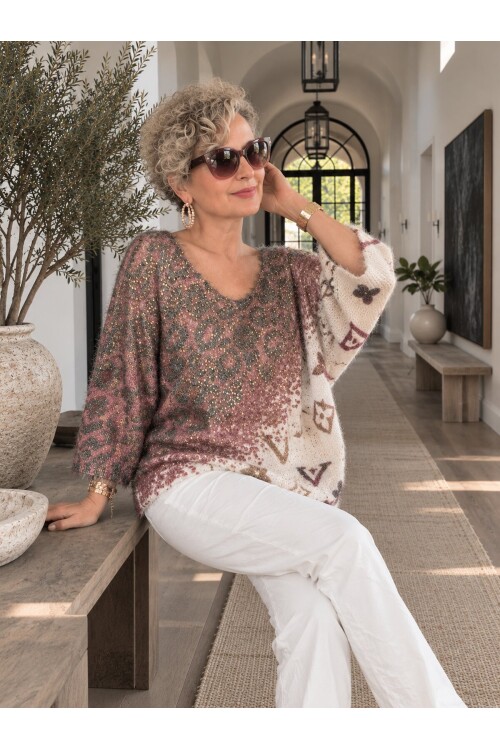 Mirro | İthal Yaldızlı Leopar Desen Truvakar Triko Bluz Bordo