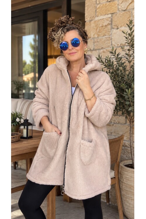 Nessa | Kapüşonlu Oversize Polar Peluş Hırka Açık Bej
