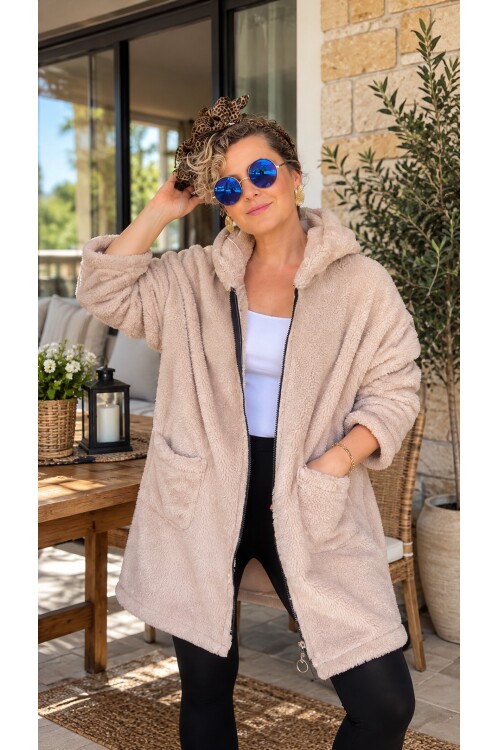 Nessa | Kapüşonlu Oversize Polar Peluş Hırka Açık Bej