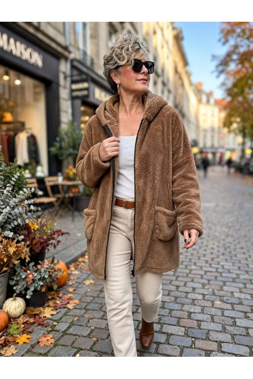 Nessa | Kapüşonlu Oversize Polar Peluş Hırka Coffy
