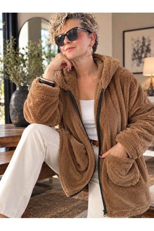 Nessa | Kapüşonlu Oversize Polar Peluş Hırka Coffy