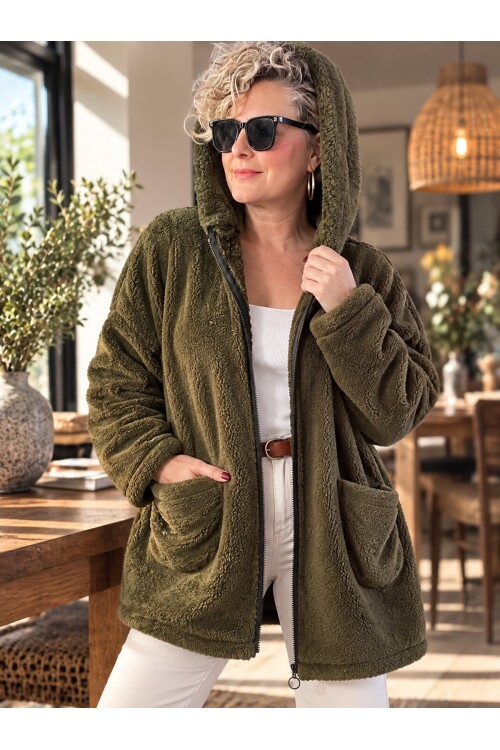 Nessa | Kapüşonlu Oversize Polar Peluş Hırka Haki