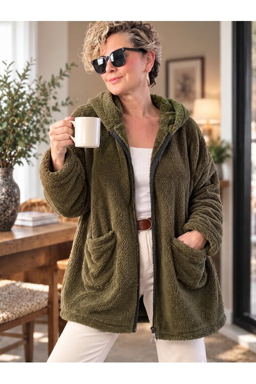 Nessa | Kapüşonlu Oversize Polar Peluş Hırka Haki