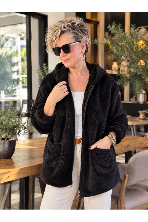 Nessa | Kapüşonlu Oversize Polar Peluş Hırka Siyah