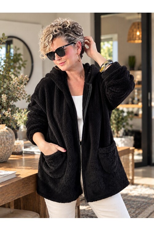 Nessa | Kapüşonlu Oversize Polar Peluş Hırka Siyah