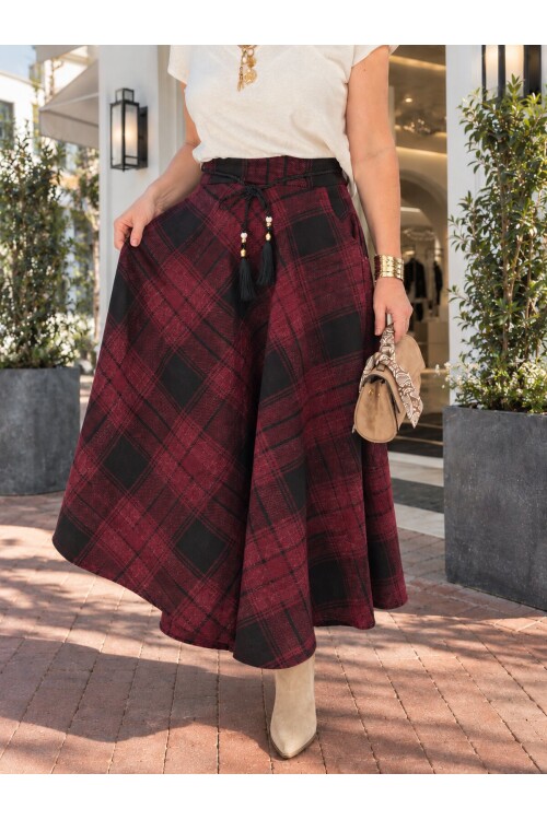 Numa | İthal Ekose Desenli Püskül Bağcıklı Etek Bordo