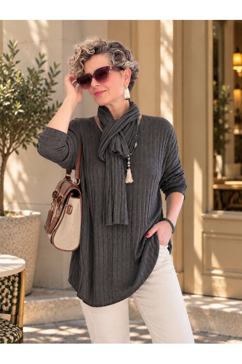 Rossi İtalyan Fularlı Tasarım Triko Bluz Dark Grey