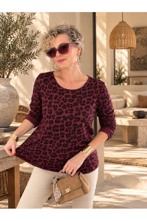 Vera | İthal Leopar Desenli Triko Bluz Bordo