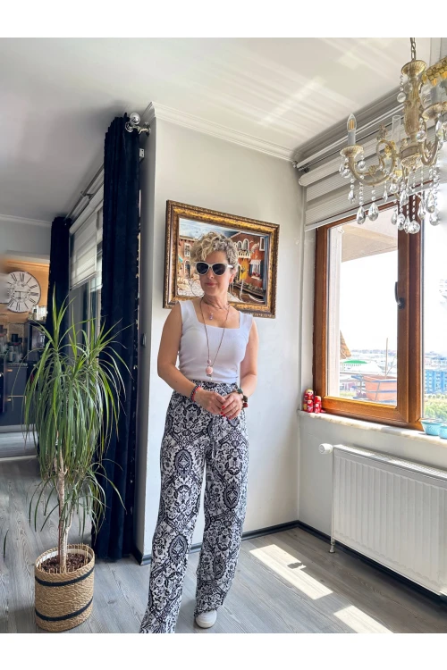 Carmen Şal Desen Pantolon Siyah Beyaz