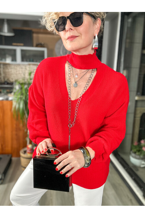 Kisas Balıkçı Detaylı Merserize Triko Kırmızı