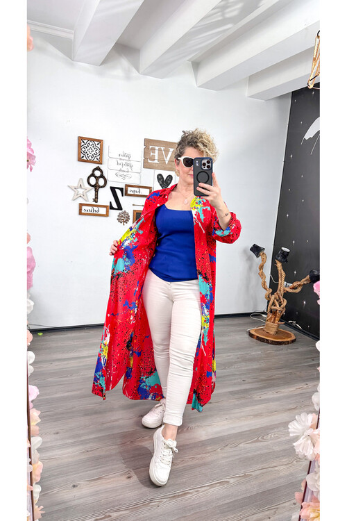 Livali Mavi Fırça Baskı Desen Gömlek Elbise Kap Kırmızı